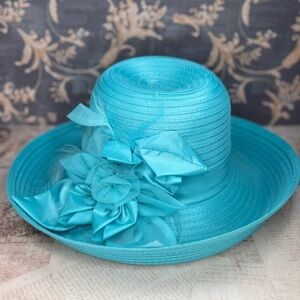 Giovannio NY Turquoise Kentucky Derby Hat Wide Brim Floral Church